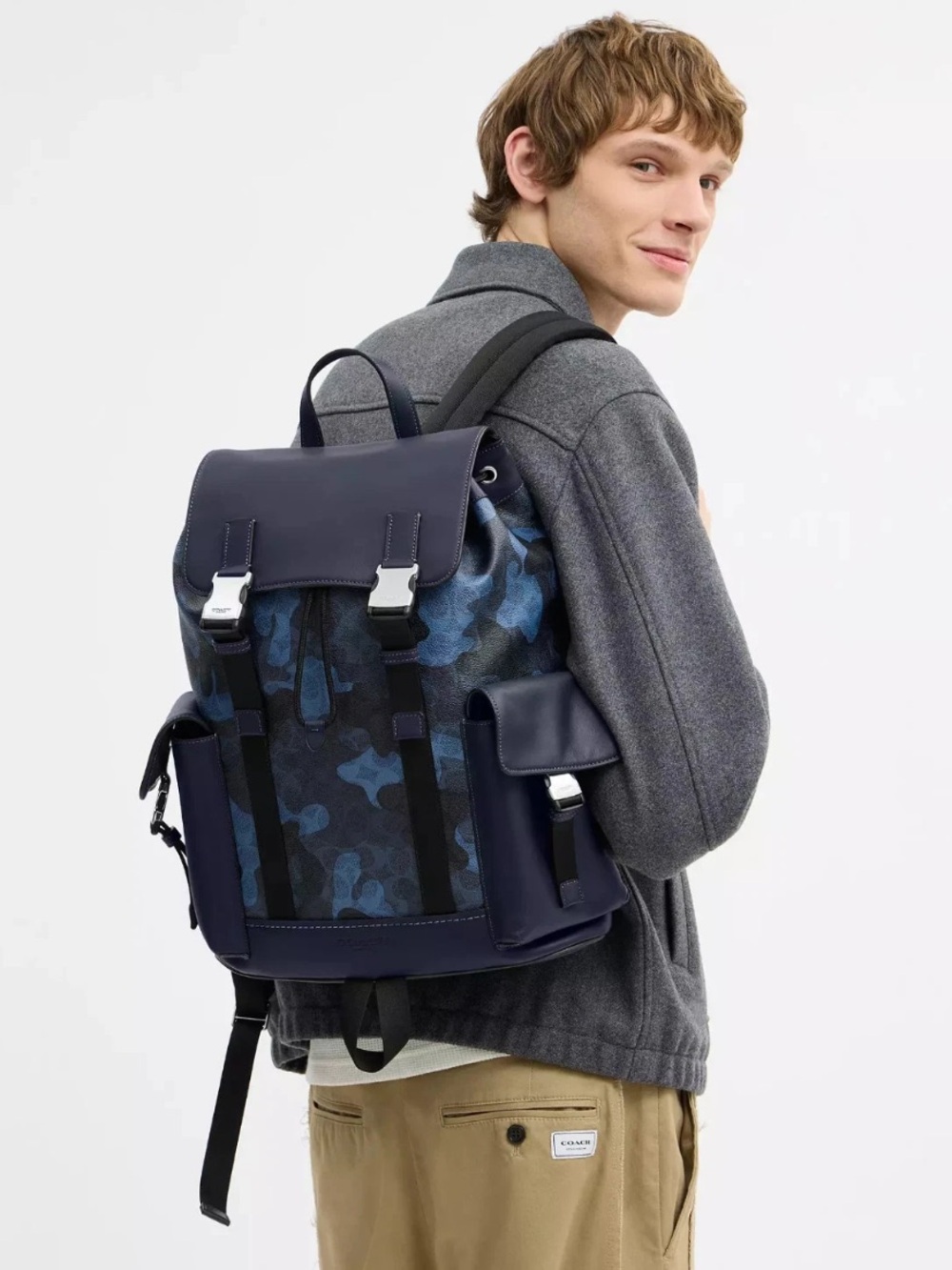 NWT Coach CDC20 Clark Backpack In Signature Camo Print Blue Canvas Leather Bag